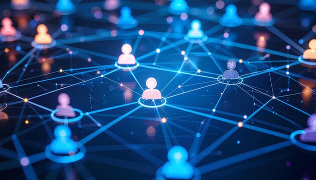 Abstract Digital Network Glowing Nodes And Connections On Dark Blue Backgrounds - Powered by Adobe