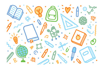 Back to School Pattern: A lively, artistic illustration of back-to-school essentials, including textbooks, a globe, and a backpack.