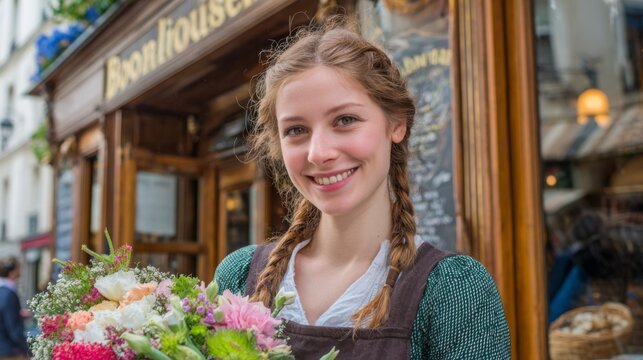 Young woman in traditional clothing holds bouquet of flowers outside a flower shop in a vibrant street during daytime