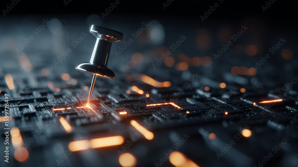 Poster pin on circuit board with glowing orange light, close up macro shot showing technology and electroni