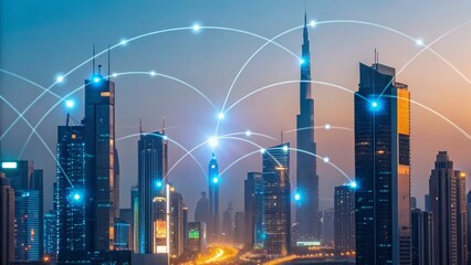 capacity Futuristic blending with glowing connection Digital nodes in a gradient of blue digital cityscape, 4k Details Resolution