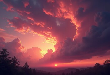 Fototapeta premium dynamic storm clouds over vibrant sunset sky dramatic atmospheric colors nature artwork, light, eve, landscape, orange, purple, blue, celestial, fiery