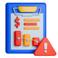 Economic crisis 3d illustration showing falling bar graph, dollar sign and warning symbol on clipboard.