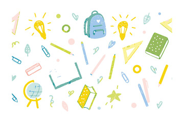 Back to school doodles: Playful hand-drawn illustrations showcase the spirit of education, featuring an array of school supplies and stationery against a crisp backdrop, perfect for academic designs.