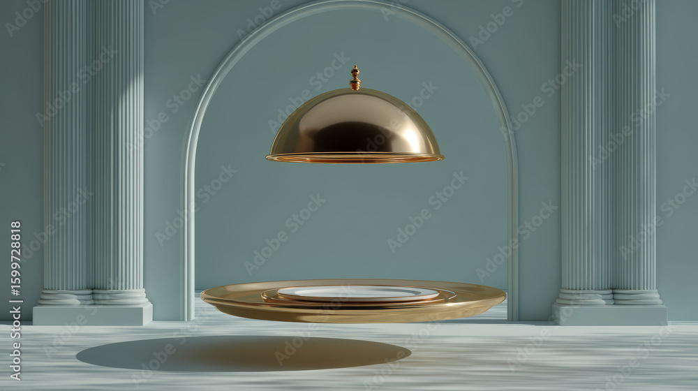 Poster golden cloche and plate floating in elegant room with classical columns and arch, creating luxurious