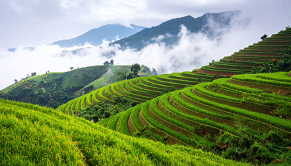 Fototapeta premium Serene Rice Terraces: Panoramic view of lush rice terraces cascading down rolling hills, creating a stunning display of sustainable agriculture. Embracing the beauty of nature.