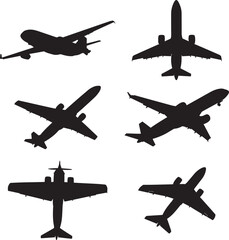 Collection of six distinct airplane silhouettes against a white background