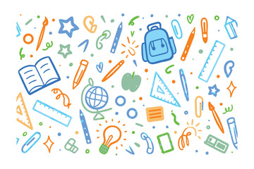 School Supplies: Colorful array of educational tools scattered, including pencils, books, and a backpack, signifying the spirit of learning.