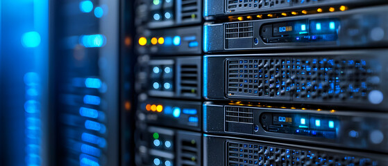 Naklejka premium Close-up view of multiple server racks in a data center. The servers are dark blue with illuminated blue lights.