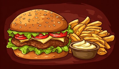 Delicious burger and french fries.