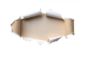 A torn hole in paper with curled edges is isolated on a transparent background