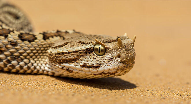 Horned desert viper snake coiled on sandy ground showing detailed scales. Venomous reptile camouflaged in arid environment for wildlife education and nature documentation