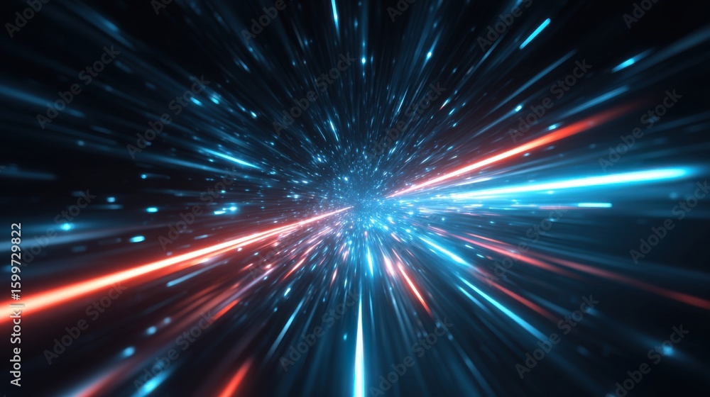 Poster bright blue and red lights swirl and streak outward, creating a sense of motion and depth. this visu