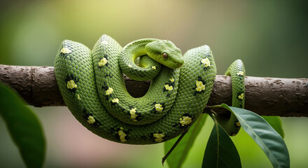 Green snake coiled on tree branch in tropical forest. Venomous reptile resting in natural environment for wildlife education and nature conservation