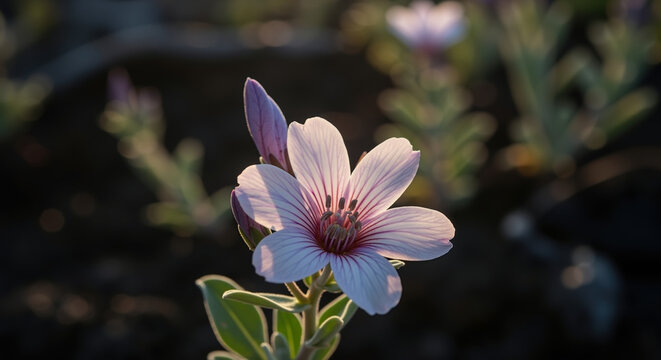 Fototapeta Single pale pink flower with detailed petals illuminated by soft sunlight. Botanical beauty and floral concept. Gardening, nature appreciation and environmental themes