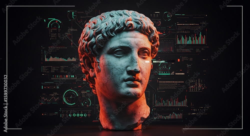Poster a classical sculpture of a bust glows against a backdrop of digital data visualizations.