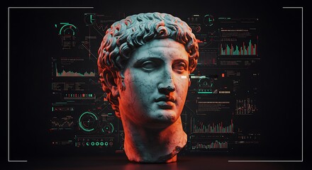 A classical sculpture of a bust glows against a backdrop of digital data visualizations.