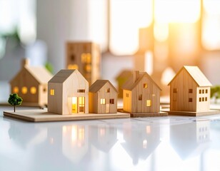 Miniature homes glowing in sunlight bright reflections