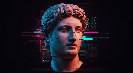 A classical marble bust of a man's head against a dark background with neon digital elements.