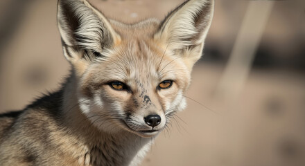 Kit fox with large ears and golden eyes in desert environment. Desert wildlife adaptation and nocturnal predator behavior. Wildlife conservation and nature documentary content