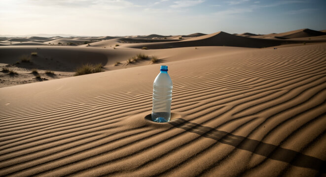Plastic water bottle standing upright on desert sand dunes with mountain backdrop. Environmental pollution and waste management crisis. Conservation awareness campaigns
