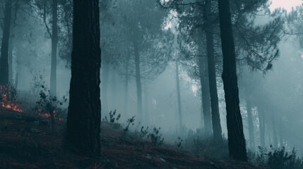 Obraz premium Mystical forest landscape with fog and glow from scattered embers on the ground