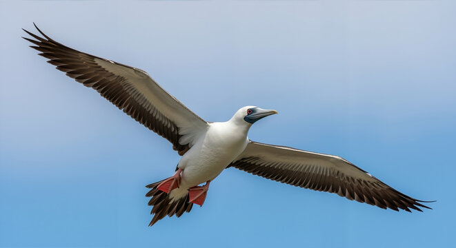 Red footed booby flying with outstretched wings against blue sky. Seabird in natural habitat for wildlife conservation and birdwatching campaigns