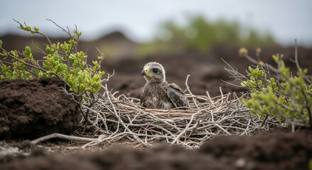 Young bird chick sitting in nest made of twigs and branches. Wildlife offspring in natural habitat for bird conservation and nesting behavior education campaigns
