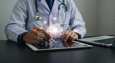 Doctor Using Digital Tablet with Cloud Data Security Icons, Medical Data Protection and Healthcare Technology Concept