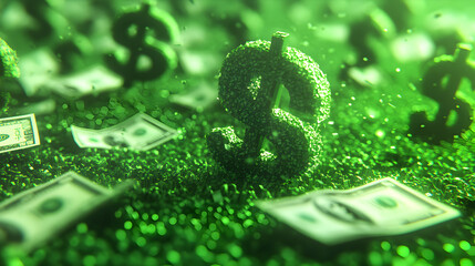 Dollar signs and US dollar bills on a green surface.