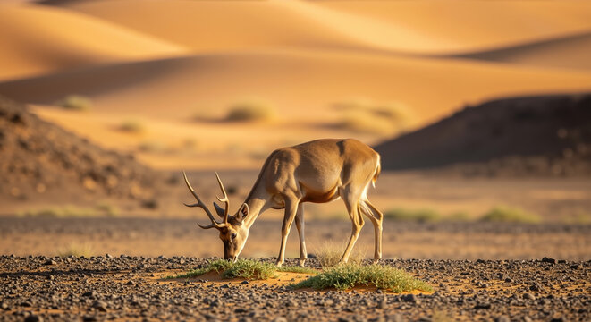 Gazelle with curved horns grazing on sparse vegetation in golden desert landscape. Herbivore feeding behavior and arid habitat adaptation. Safari wildlife and nature tourism