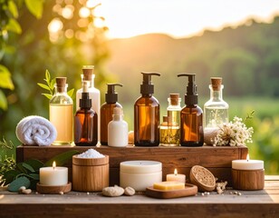 Luxurious wellness products bathed in golden sunlight