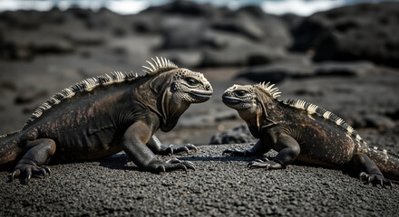 Obraz premium Two marine iguanas facing each other on dark volcanic rock surface. Reptile social interaction and territorial behavior. Galapagos wildlife and island ecosystem study