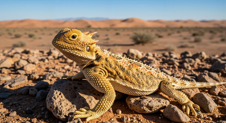 Spiny lizard resting on rocky desert ground. Reptile in dry natural habitat for wildlife observation and desert ecosystem awareness campaigns