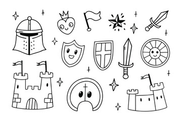 Fototapeta premium Adorable Knightly Doodle Set: Charming hand-drawn illustration showcasing various elements of the knightly world, perfect for creative projects.