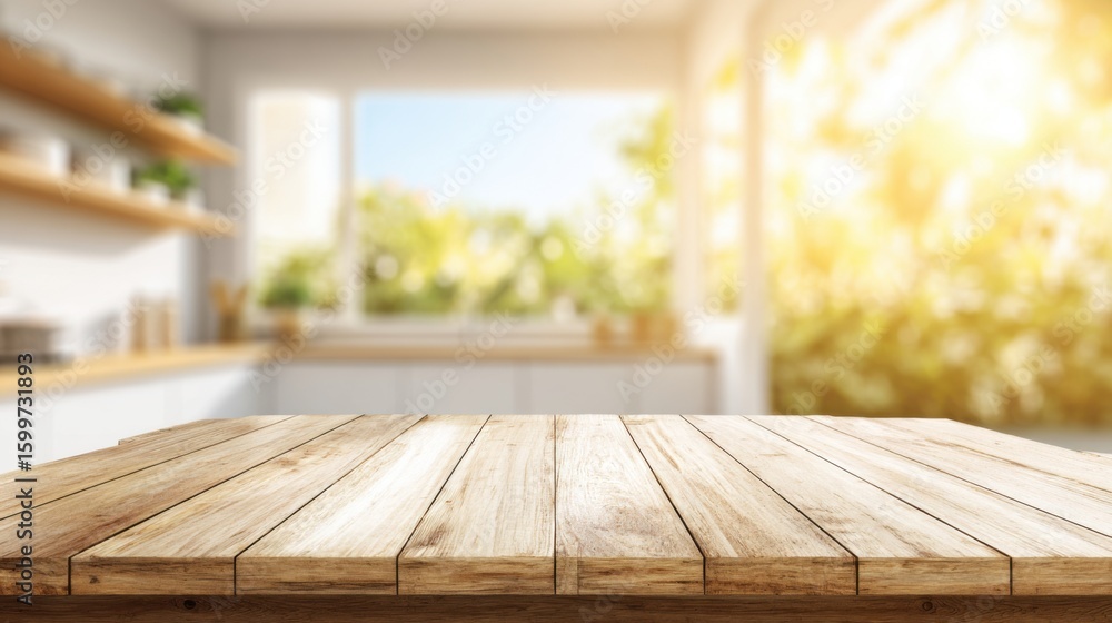 Poster a wooden table in a contemporary kitchen is illuminated by warm sunlight filtering through a large w