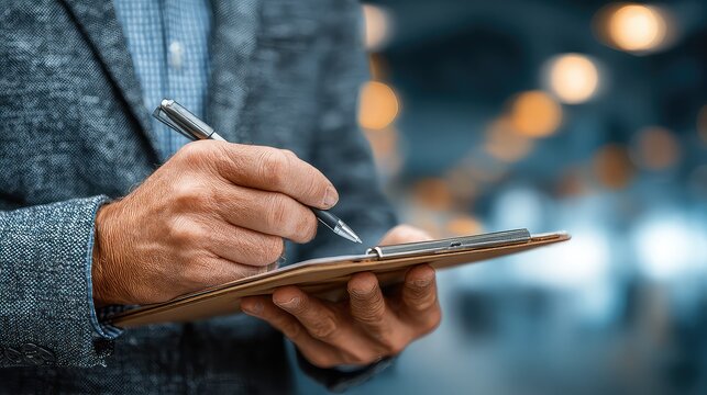 Businessman completes digital checklist on tablet for performance monitoring, symbolizing workflow optimization, task management, and survey-based productivity tracking. - Powered by Adobe