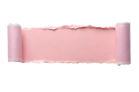 A horizontal strip of torn pink paper with rolled edges is isolated on a transparent background