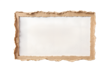 A rectangular frame made of torn brown paper with rough edges is isolated on a transparent background