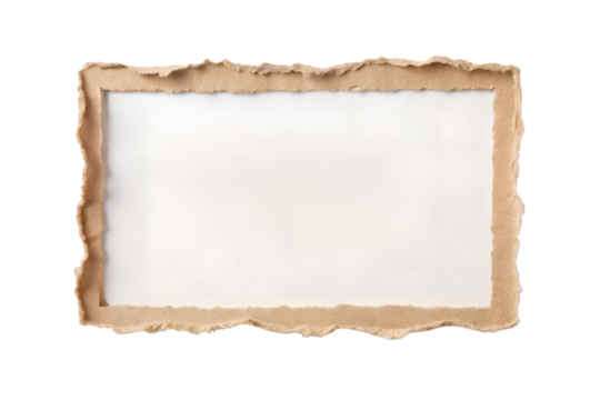 A rectangular frame made of torn brown paper with rough edges is isolated on a transparent background