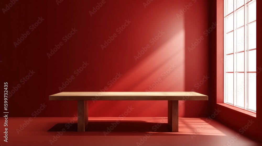 Poster a spacious room painted in bright red showcases a simple wooden table positioned near a large window