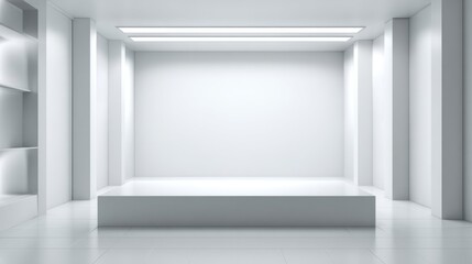 Fototapeta premium Bright and spacious exhibition area featuring smooth white walls and a raised platform. Functional lighting creates an inviting atmosphere, perfect for displaying artworks or products.