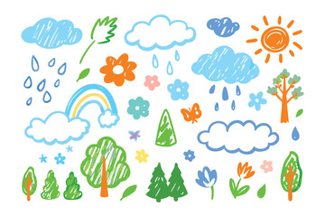 Nature's colorful drawings: A whimsical composition featuring hand-drawn elements of nature, showcasing bright skies, vibrant flowers, and lush greenery.