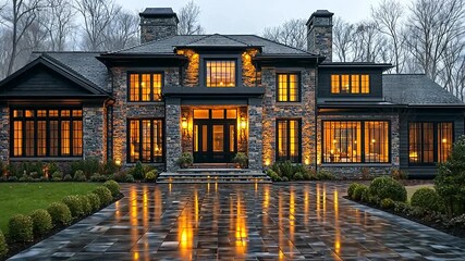 Spectacular custom luxury home on a rainy evening, stunning architectural details and reflection