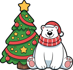 Adorable polar bear in Santa hat and scarf sitting cheerfully beside a festive Christmas tree decorated with ornaments and a star, celebrating winter holidays.