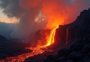 Fototapeta premium fiery lava flow glowing dark volcanic rock dramatic eruption landscape unleashing raw power, fire, magma, night, stream, explosion, formation, geology