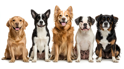 Five dogs of different breeds sitting in a row against a white background.