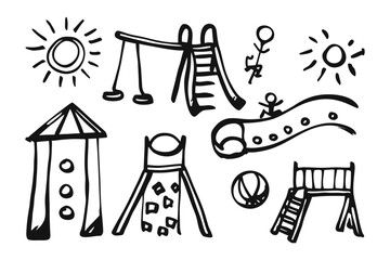 Hand-drawn playground elements: whimsical sketches capture the essence of fun and childhood, with swings, slides, and sun, bringing the play area to life.