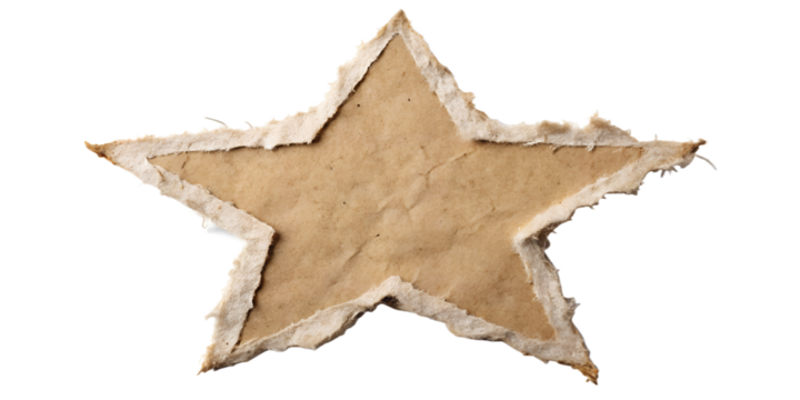 A torn and weathered cardboard star shape is isolated on a clean transparent background creating a vintage