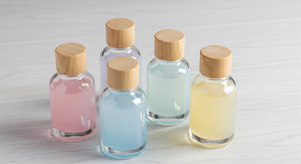 Delicate Glass Bottles with Wooden Lids in Pastel Hues.